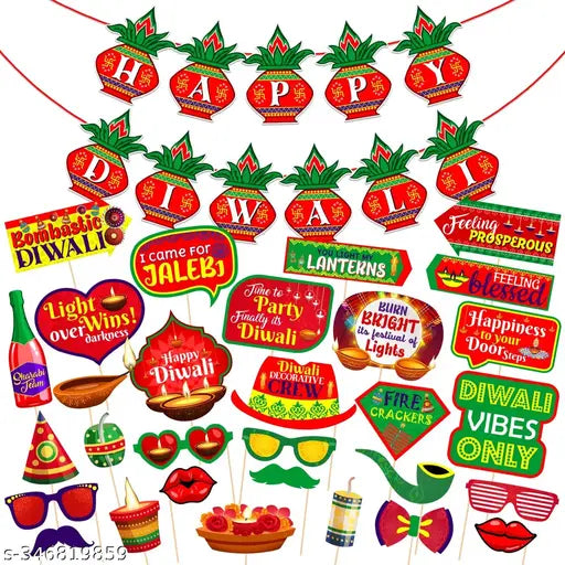 ZYOZI 31 Pieces Happy Diwali Party Photo Booth Props and Banner Kit Festival of Lights Prop for Photoshoot Diwali Party Picture Selfie Stick Props Party Decoration Supplies
