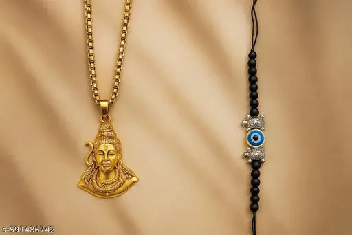 Lord Shiva Gold Pendant Necklace + FREE Evil Eye Black Bead Bracelet
