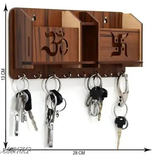 SK WOODEN CRAFT 2 Pocket Pen Stand Om Swastik 7 Hook Brown Wood Key Holder Wood Key Holder (7 Hooks, Brown)