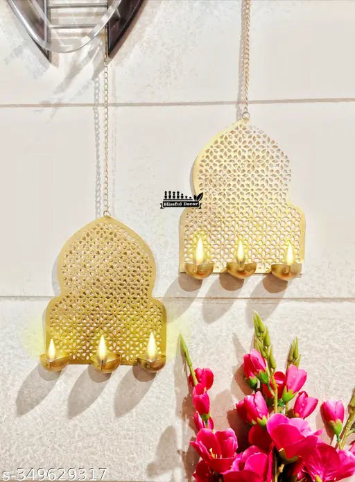 blissful decor Presents 3 Tealight Candle Holder for Home Decor Wall T-Light Holder high Gloss Golden jharokha Design Candle Holder Wall Hanging (Iron) Pack of -2
