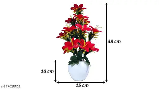 KanRaj ® Premium Quality Lily Artificial Flowers with apple pot for Gifting, Home Decor,Bedroom, Balcony, Living Room, Restaurant, Valentine's Day Decoration (Red, Pack of 2)