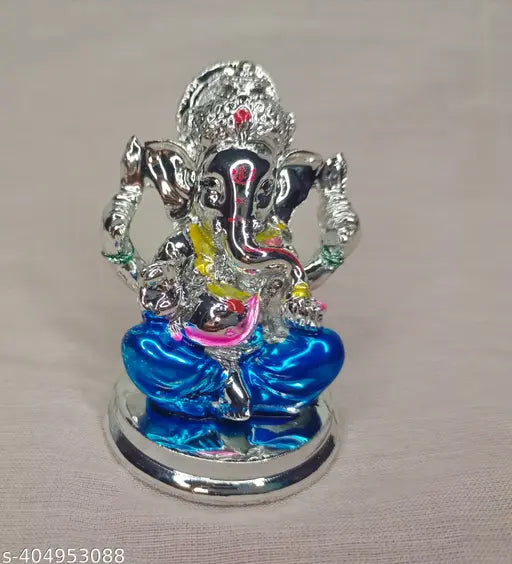 Silver Plated Finish Resin Ganesha with Blue Dhoti for Car Dashboard & Home Decro & Pooja Room, Lord Ganesha/Ganesa/Ganapati/Vinayakar/Pillayar Showpiece for Car Dashboard/Hindu Religious Ganesh figurine/Idol (Blue color dhoti)