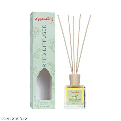 Sugandhim Reed Diffuser Lemongrass Blaze Aquazzure, Pack of 3, 3 x 100ml, 5 Reed Sticks In Each, Living Room, Bedroom, Office, Gifting Set, Pleasant Fragrance, Maintenance Free, Eco Friendly, Made In India