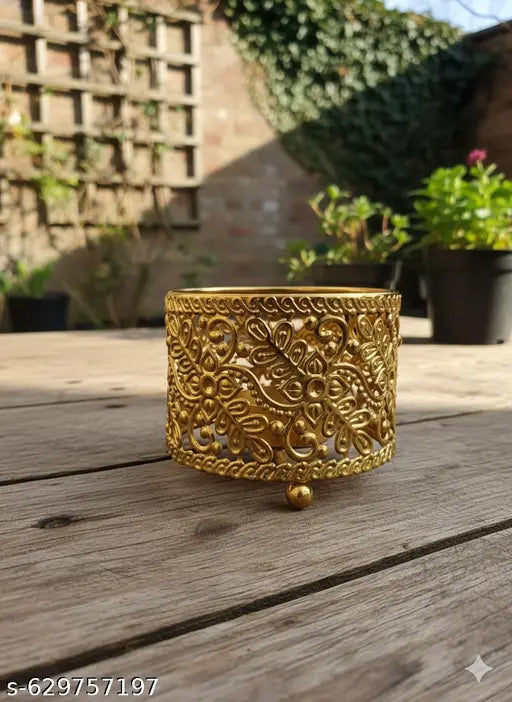 Golden Metal Filigree Votive T-Light Candle Holder | Intricate Floral Design Decorative Table Accent | Gifting/Home Decor
