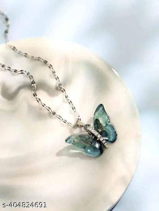 Butterfly Pendant Necklace for Women & Girls Stylish Blue Silver Necklace | Neck Chain | Locket | Modern Design | Birthday & Special Occassion Gift Aesthetic Jewellery Accessories anti tarnish