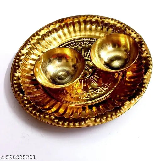 Brass Hindu Puja Thali + 2 Bowls Bhai Dooj Tika Om Plate Navratra Diwali Gift 3 pcs