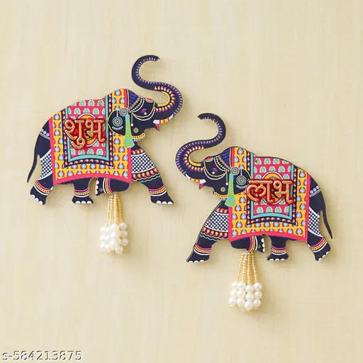 diwali decorations, diwali decoration items for home, diwali & other festivals, mandir decoration, ganpati decoration, home decorating items, office decoration, Elephant Designer Set of 2 with Shubh Labh Wall Hanging for Diwali Decoration|
