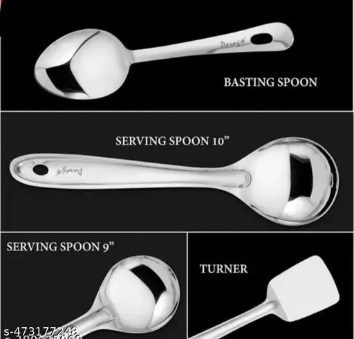 Stainless Steel Kitchen Tools Set for Kitchen Cooking and Serving, Pack of 4, Serving Spoon, Turner/Spatula (Palta), Basting and Rice Spoon, Silver