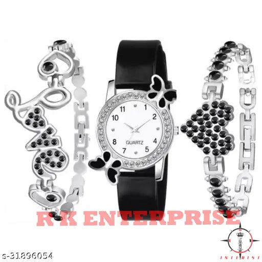 NEW FANCY BLACK BUTTERFLY DESIGN ANALOG WATCH & 2 BRACELETS FOR WOMEN & GIRLS