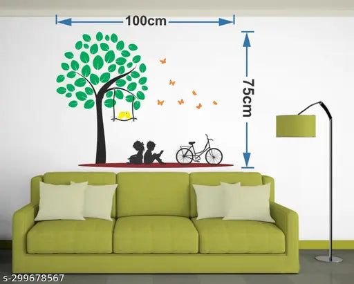 Wallbook Set Of 4 Combo Wall Stickers Designer Om|free bird case Black|Kids under tree|LoveBirds & Hearts