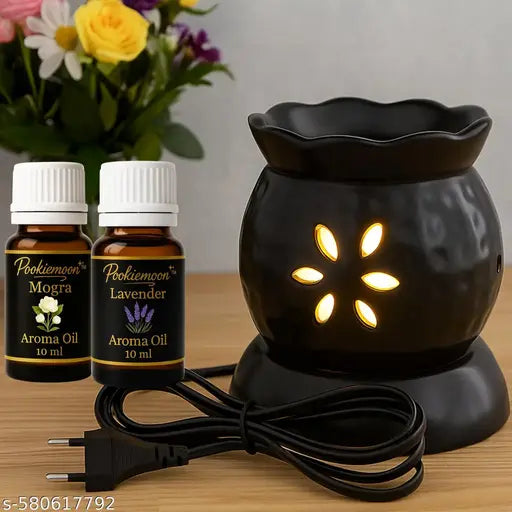 Pookiemoon Handcrafted Ceramic Electric Aroma Diffuser & Oil Burner | Night Lamp for Home, Office, Spa | Essential Oil Aromatherapy | Air Freshener Gift Set | Aroma Oil Diffuser for Home with Aroma Oils, Cylinder Shape, Black Color Includes 2*10ml Aroma O
