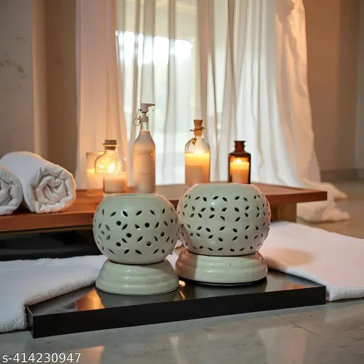 Kraftlik Handicrafts White Ceramic Heat Aroma Diffuser – Decorative Home Fragrance Burner & Showpiece (Pack of 2)
