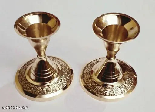 Brass Candle Stand with Embossed Base Design (Standard Size, Golden)