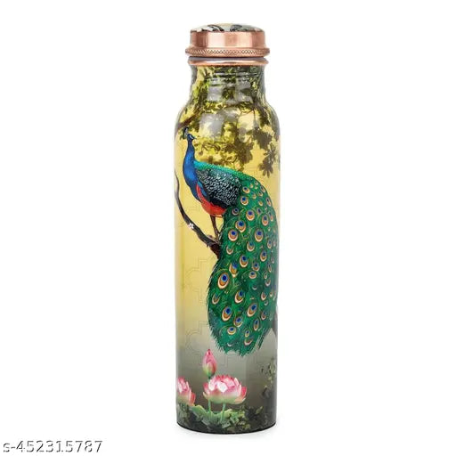 Beautiful Pure Copper Water Bottle 1 Litre Leakproof Peacock Meena | BPA Free | 100% Leak Proof | Office Bottle | Gym Bottle | Home | Kitchen | Travel Bottle | Hiking | Treking Bottle (10.5 X 3 Inches)