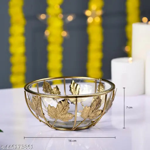 Decorative Glass Bowl with Stand for Home Décor | Bowl for Floating Flowers and Tea Light Candles | Decorative Bowl for Home, Office |Glossy Finish | Iron + Glass Material (Set of 1)