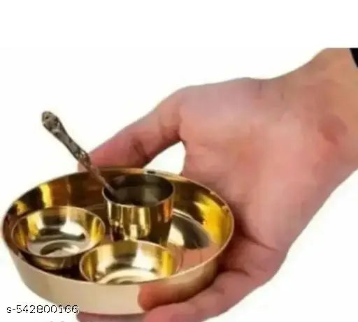 Swami Enterprises Pure Brass Bhog Thali For Home Temple,Laddu Gopal Bhog Thali Set with 2 Katori, 1 Glass, 1 Spoon for Temple