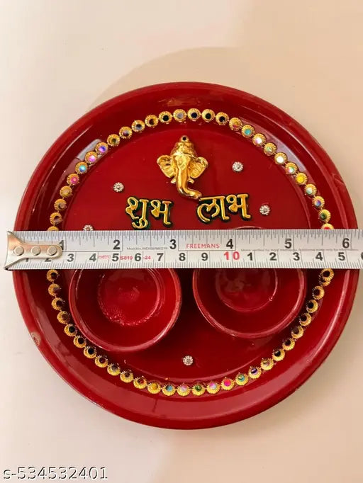 Size 6 Inch Subh Labh Pooja Small Thali For Rakhi Puja Thali Decorative Stainless Steel Hand Paint Ganesha Pooja Aarti Thali Set with Haldi Kumkum Holder or Rolli Chawal Plate Rakshabandhan Festival Pooja Thali  With Free One Rudraksh Rakhi Small Pooja Th