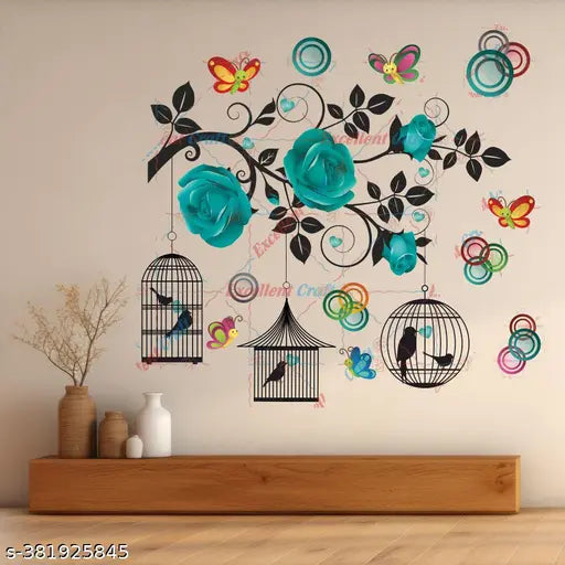 Delight Art  Rose and Hanging Cages With Butterflies Wall Sticker Size - ( 61*57 ) cm