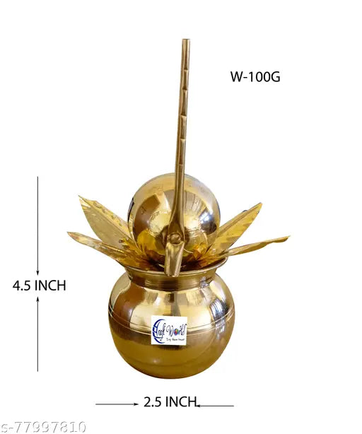 Craft World Mangal Kalash with Brass Nariyal and Leafs,Small Size Brass Kalash (Height: 4.5 inch, Gold)