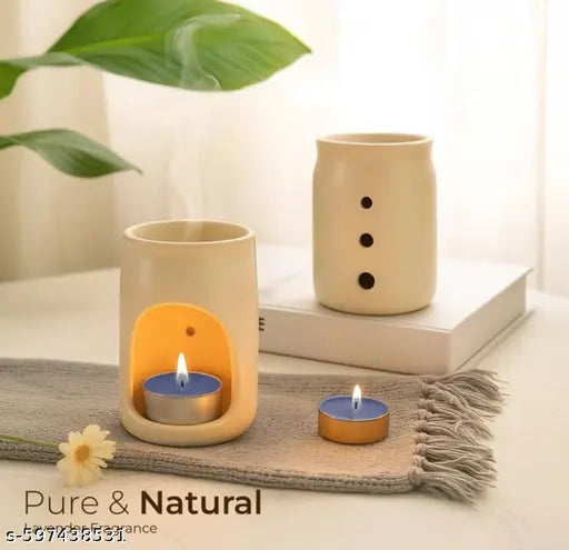 Blue Ceramic Aroma, Diffuser Set with Lavender Essential Oil & Tealight Candle | Home Fragrance Oil Burner for Relaxation, Stress Relief & Gifting