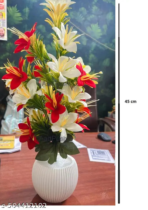 Plastic Artificial Wild Lily Flowers Plants | Faux Flower Plant For Home Office Decor | Tabletop And Desk Decoration | Artificial Flower With Pot For Balcony Indoor Decor [ Set Of 1 ]