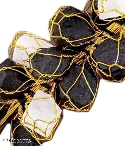Swara Agate Natural Handcrafted Black Tourmaline and Selenite Hanging Ornament Selenite and Tourmaline Rough Chunks Hanger Protection from Negative Energy & Evil Eyes