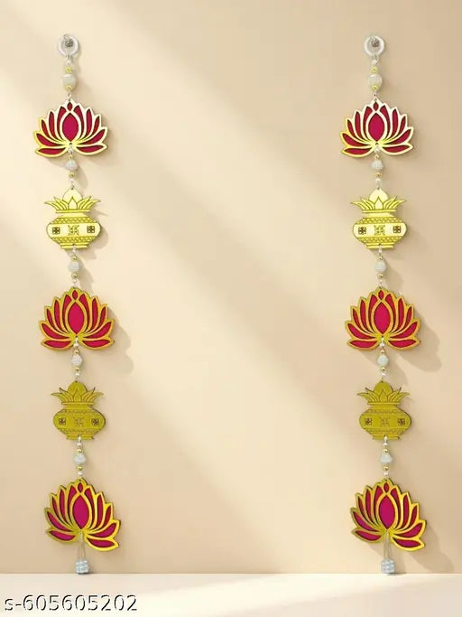 Anekant Designs Golden Pink Lotus Kalash Wall Hanging Toran | Decorative Door Hanging | Diwali Decoration | Navratri Home Decor | Pooja Room Hanging | Vastu Good Luck Gift