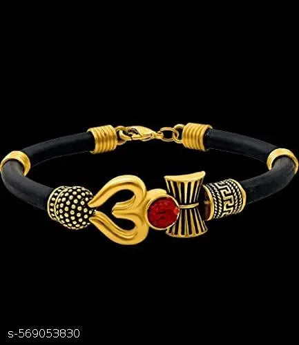 Men Black Gold Plated Affirmation Bracelet | Rudraksha Shiv Om Trishul Damroo Kada Bracelet