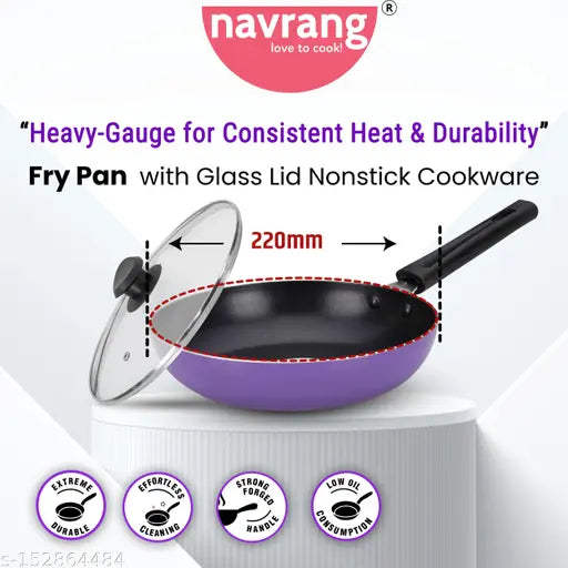 Navrang Nonstick Frypan 220 With Glass Lid, Non Induction,Purple,