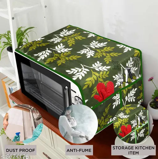 E-Retailer Exclusive 3-Layered Polyester Combo Set of Appliances Cover (1 Pc. of Fridge Top Cover, 2 Pc Handle Cover and 1 Pc. of Microwave Oven Top Cover) (Color-Green, Design-Leaf, Set Contains-4 Pcs.)