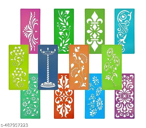 Different Design Ready to Draw Rangoli Making Stencils, Rangoli Plastic Stencils for Floor Decoration (Set of 12, Size 3x7 Inch)