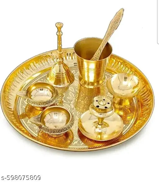 Brass Pooja Thali Set 7 Inch with Pital Puja Plate Kalash Bowl Spoon Palli Ghanti Kuber Diya Chandan Wati Dhup Dan Arti Thali for Diwali Home Office Mandir Wedding Return Gift Items