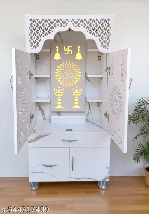 Woodaari Modern Design Korian Mandir | Home Temple | Office Temple With Decorative LED Light and OM Symbol