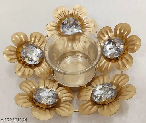 KOUTSS Table top Candle Light Holders Flower Shape White Crystal with Glass Candle Stick Holder/Tealight Stick Holder Beautiful Design Home Decoration