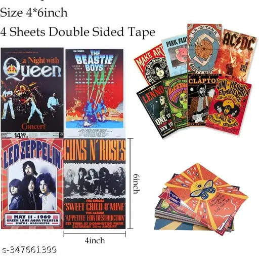 CRAFT VALLEY- Peel & Stick 50 Pcs Vintage Concert ,Retro Band Poster | 4*6 size, 300 Gsm Paper Poster, Classic Rock Posters | Vintage Music Posters | Aesthetic Wall Collage Kit | Room Decor