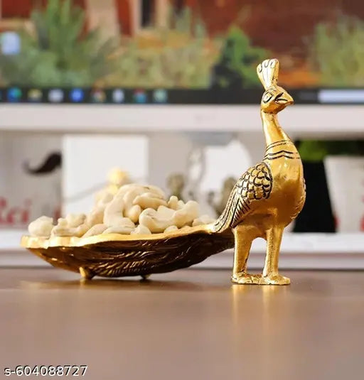 Golden Hand Crafted Metal Peacock Wing Shape Tray Perfect for Home Centre Table Serving Dry Fruits