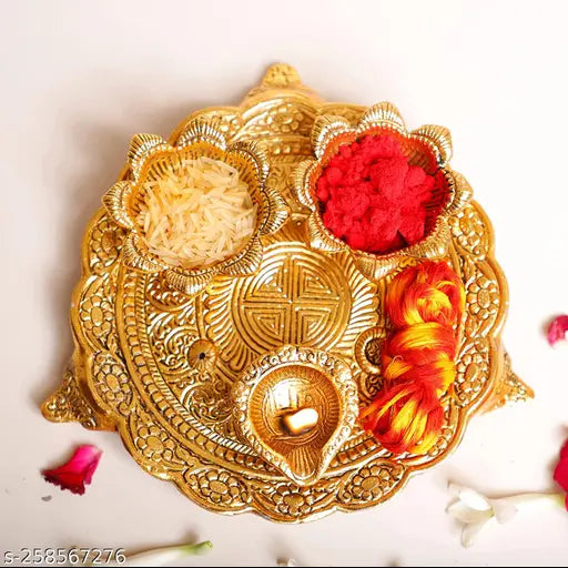 Pooja Thali Set With 3 Diya Metal Item Beautiful Item For Home/Kitchen/Office/Gift Item Brass  (1 Pieces, Gold)