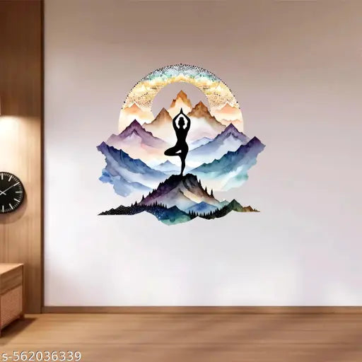 Home Decor doing yoga in mountains Sticker for Home, Living Room, Bedroom, Kitchen (60 cm x 56 cm)