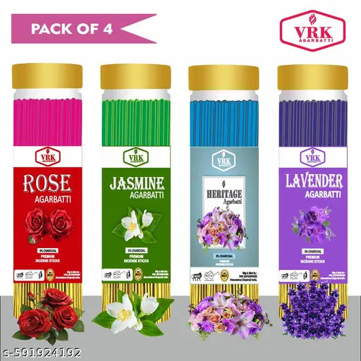 VRK Agarbatti  Divine Agarbatti Gift Set – Pack of 4 Rose, Jasmine, Lavender & Heritage | Ideal for Puja, Festivals & Meditation  | 400Gm (100gm,Set Of 4)