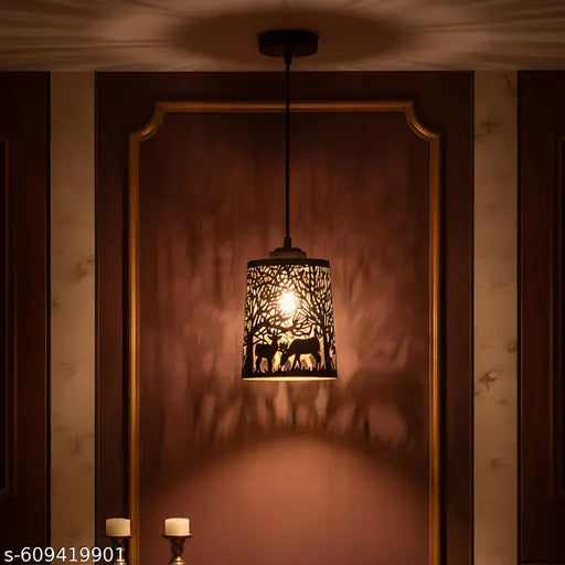 Decorative Hanging Pendant Light for Dining Room, Handcrafted Metal Lamp Shade with Forest & Deer Cutwork Design, Warm Ambient Lighting for Living Room, Balcony & Cafe Decor