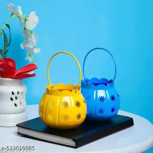 SM India Metal Handcrafted Tealight Candle Holder Hanging Candle Stand Decorations Items for Home Living Room Bedroom (Yellow and Blue)