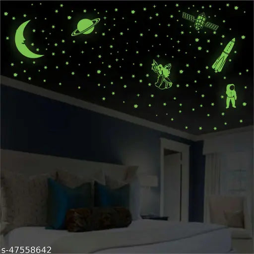 Grahak Trend Florucent Night Glowing Radium Sticker( 201 Stars Big and Small, 1 Moon,1 Rocket,1 Astronaut, 1 Farry, 1 Shuttle, 1 Planet Orbit )