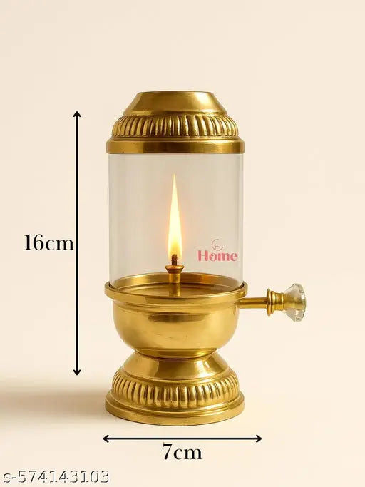 Brass Akhand Diya Oil Lamp Lantern with Borosilicate Glass Cover & Adjustable Bati Knob, Wick Lifting Screw Lever, Wick Included for Diwali Puja, Navratri, Janmastami For Deewali Gift Brass Diya For Puja