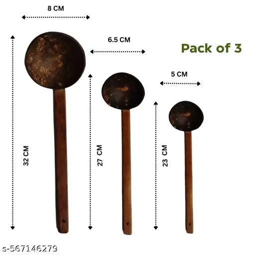 Natural Eco Friendly Coconut Shell Ladle Set (Pack of 3) | Chiratta Thavi | Kerala Handcrafted Kitchen Utensils | Ideal for Non Stick Cookware