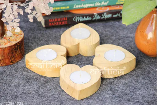Paheli Craft Wooden Heart Tealight Candle Holder Bowl Votive Tea Light Stand Natural Polish Lighting Lamp (3 inch, Set of 4)