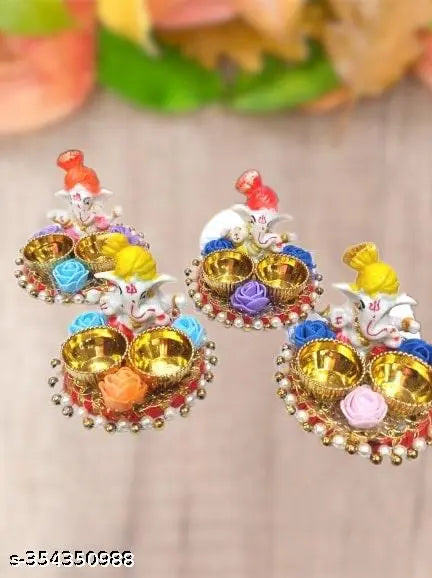 Beautiful & Ethnic Ganpati Haldi Kumkum Stand with 2 Roli Chawal Holder for Rakhi/Wedding/Return Gift/Welcome Plate/Home Pooja Thali Set (Pack of 4)