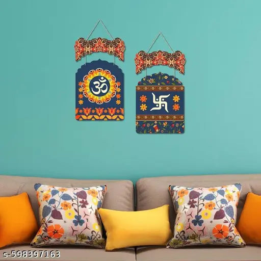 GRAH ROOPAM  Set of 2 handcrafted wooden Banderwal (torans) featuring traditional Indian motifs like Om, Swastika, Lord Shiva, and Lord Hanuman, perfect for festive door decoration.