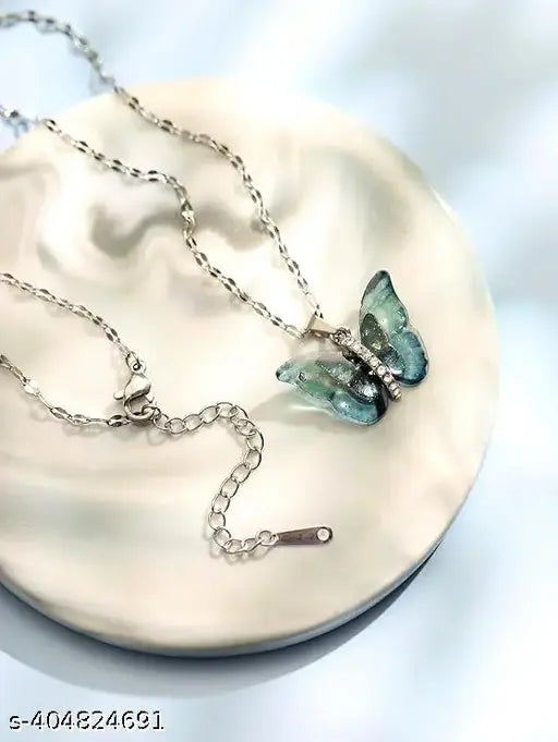 Butterfly Pendant Necklace for Women & Girls Stylish Blue Silver Necklace | Neck Chain | Locket | Modern Design | Birthday & Special Occassion Gift Aesthetic Jewellery Accessories anti tarnish