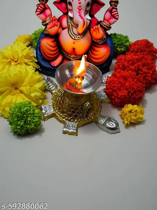 Collections Tortoise Akhand Brass Diya Oil Lamp, Brass Diya with Metal Turtle Base, (4.5 Inches Length, Multicolor) PACK OF 1
