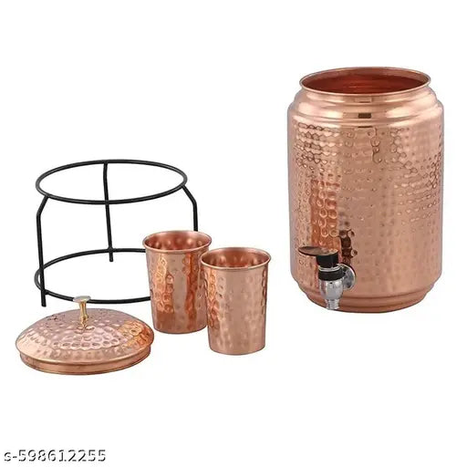 Design World Copper Plated 5 Liter Hammered Water Dispenser stainless steel (Matka/Pot) with Stand and Two Copper Glass Container Pot(5000 ml) Copper bottle Copper glass Copper jug Copper mugs Copper itam Copper matka
